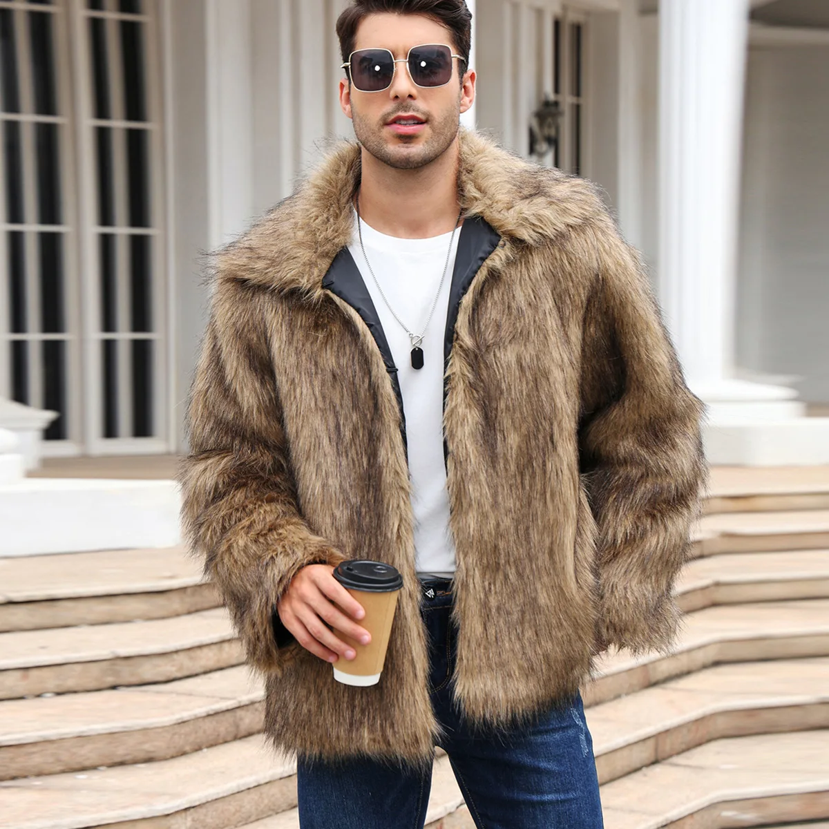 Men Faux Fox Fur Jacket Coat W - Down Jacket Packable review and price